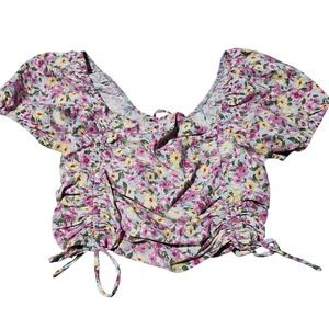 Blashe Crop Top Large Floral Multicolor Puff Sleeve Cottagecore Coquette Lace Up